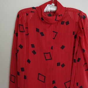 VINTAGE JOSEPHINE Ladies BLOUSE / Lipstick Red Silky Semi-Sheer Poly w/ Black Geometric Print / Size - 10 Holyday Blouse.