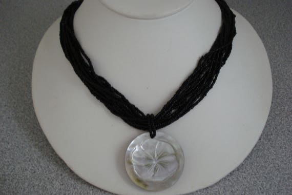 VINTAGE Black Bead NECKLACE & Mother of Pearl PEND