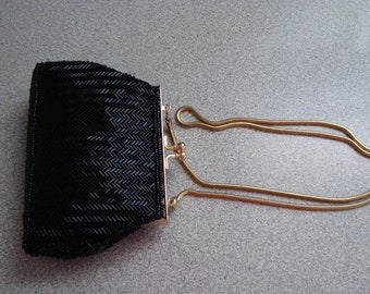 VINTAGE EVENING Petite PURSE / New / Black Glass & Seed Beads / Gold Frame Long Chain / Made Hong Kong.