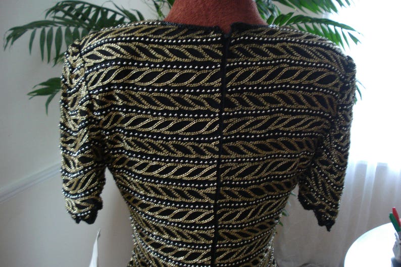 VINTAGE LAURENCE KAZAR Beaded Evening Top. 1980's Collection, 100% Silk, with Gold Beads Party Top. Size P / S. image 5