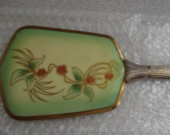 VINTAGE Hand Mirror AS IS / Art Deco Style Green Hand Painted Red & Gold Floral / Silver Plate Handle