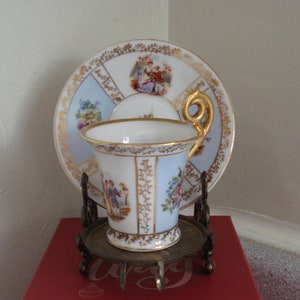 VINTAGE RARE SGK Porcelain Quatrefoil Espresso Cup & Saucer / Collectible Hand Painted Blue White Gold