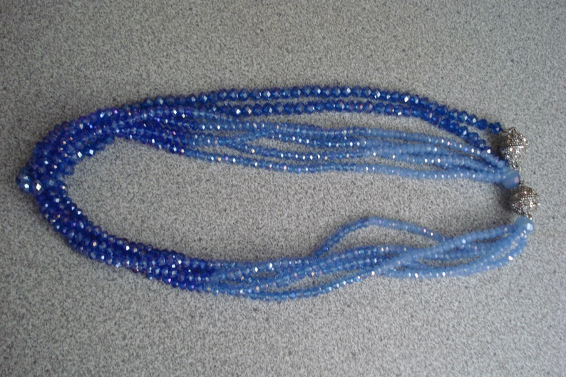 VINTAGE 2 Austrian CRYSTAL NECKLACES Sapphire and Baby Blue 5 Strand /& Single Strand Rhinestone Clasp