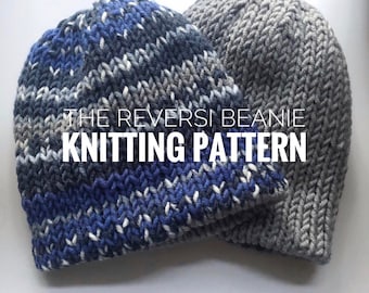 KNITTING PATTERN, Reversi Beanie, Reversible Beanie Knitting Pattern, Slouchy Hat, Beginner Knitting Pattern, Bulky Weight Hat Pattern