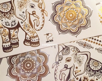 2 sheets- Elephants -Gold Tattoos, Silver Tattoos, Temporary Tattoos, Metallic Temporary Tattoos, Jewelry Tattoos, Gold Foil Tattoos