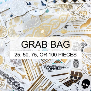 Grab Bag- 25, 50, 75, OR 100 Pieces - Color Metallic Tattoos, Gold Tattoos, Temporary Tattoos, Metallic Temporary Tattoos, Gold Foil Tattoos