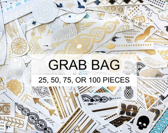 Grab Bag- 25, 50, 75, OR 100 Pieces - Color Metallic Tattoos, Gold Tattoos, Temporary Tattoos, Metallic Temporary Tattoos, Gold Foil Tattoos