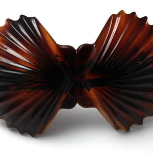 Può includere: Un fermaglio per capelli in plastica marrone a forma di due conchiglie. Il fermaglio è chiuso e pronto per tenere i capelli.