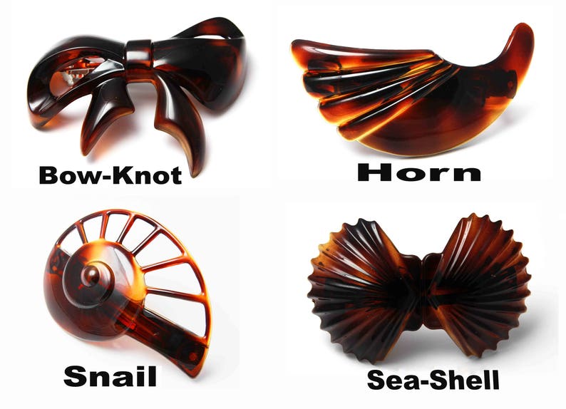 May include: Four tortoise shell hair clips in different shapes: bow-knot, horn, snail, and sea-shell.