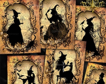 Gotische bedruckbare Karten Collagenblätter. Hexenbilder digitaler Download + Geschenkanhänger für Schmuck, Karten, scrapbook, Junk-Journal