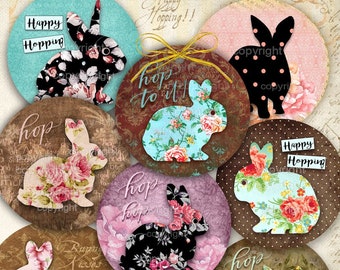 Printable Download Shabby Chic Bunny (3", 2.5"  1.5") Digital Collage Sheets - Printable Stickers Cute, Bunny tags, Magnets, Cake Toppers