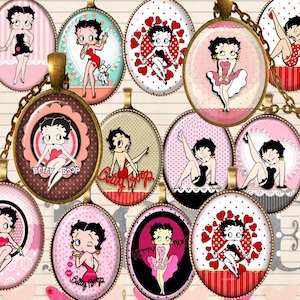 Könnte beinhalten: Eine Sammlung von zwölf ovalen Anhängern mit verschiedenen Illustrationen der Zeichentrickfigur Betty Boop. Jeder Anhänger hat einen bronzefarbenen Metallrahmen und einen Glascabochon. Die Designs zeigen rote Herzen, Punkte und rosa Muster.