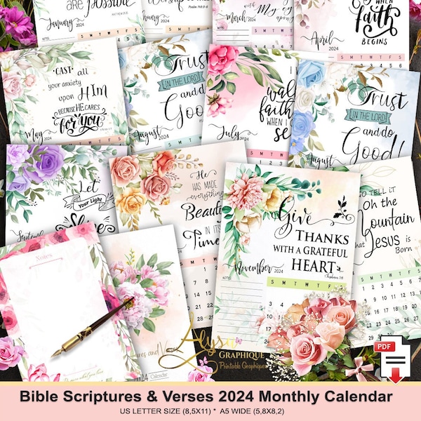 Bible Verses Scripture Calendar 2024 PRINTABLE, 2024 Monthly Calendar 2024, Floral Calendar 2024, 2024 Monthly Planner, Calendar 2024 Wall