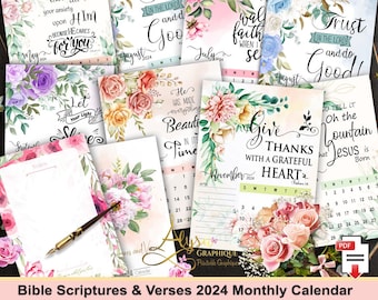 Bible Verses Scripture Calendar 2024 PRINTABLE, 2024 Monthly Calendar 2024, Floral Calendar 2024, 2024 Monthly Planner, Calendar 2024 Wall