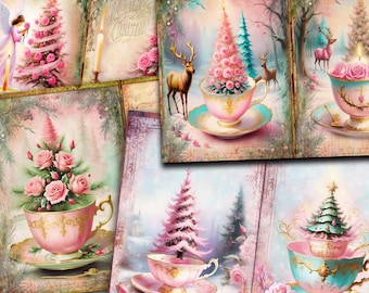 Pink Christmas Tea - Kit diario spazzatura Natale - Vintage Merry Christmas Junk Journal Pagine Stampabile Collage digitale Albero di Natale