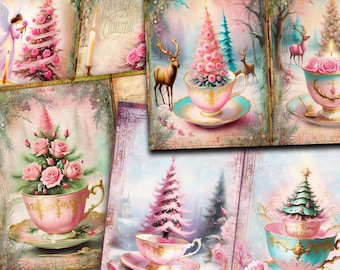 Pink Christmas Tea - Junk journal kit Christmas - Vintage Merry Christmas Junk Journal Pages Printable Digital Collage Christmas Tree