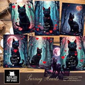 Valentines Day Purring Hearts - valentine printable cards, atc cards download, black cat junk journal, cat quotes  cards