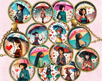 PIOGGIA DI CUORI! - Foglio di collage digitale, 25 immagini rotonde (1 pollice, 25, 30, 20 mm), Immagini di tappi di bottiglia Download istantaneo / Immagini per ciondoli