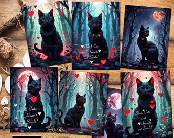 San Valentino Purring Hearts - cartoline stampabili di San Valentino, download di carte atc, diario spazzatura gatto nero, carte con citazioni di gatti