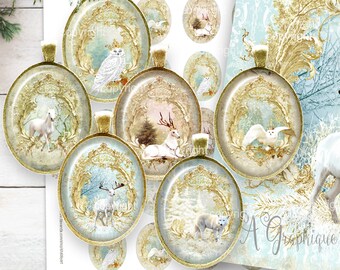 HOLA INVIERNO Animales del bosque - Hoja de collage digital de Navidad - Cabujón de 25x18 y 30x40 mm, Imágenes para cabujones, Conjunto imprimible de Navidad