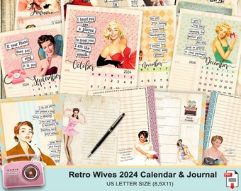 50s  Retro Calendar, A4, Calendar 2024  PRINTABLE, 2024 Monthly Calendar, 2024 Calendar Planner, Journal and Planner, Desk Calendar 2024