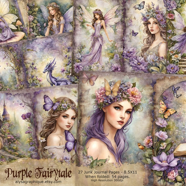 Purple Fairytale Junk Journal Kit, Fantasy Fairy Forest Collage Printables, Digital Fairy Kit, Magical Forest Junk Journal Paper