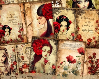 Kit di diario spazzatura dell'amore oscuro, carta per diario spazzatura, Ephemera, segnalibri, carte ATC, rose rosso scuro, diario spazzatura vintage, pacchetto di diario spazzatura