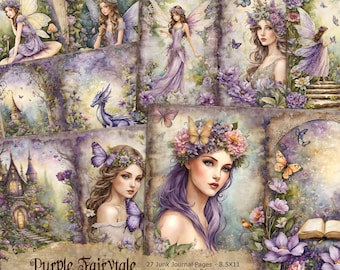 Purple Fairytale Junk Journal Kit, Fantasy Fairy Forest Collage Printables, Digital Fairy Kit, Magical Forest Junk Journal Paper