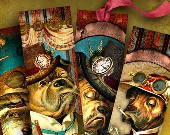Ensemble de 4 STEAMPUNK chien marque-pages - signets numériques - Digital Download - Collage numérique feuille - Téléchargement instantané - papier artisanat d’Art