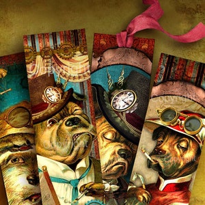 Set of 4 STEAMPUNK DOG BOOKMARKS  - Digital Bookmarks - Printable Download - Digital Collage Sheet  - Instant Download - Paper Craft Art