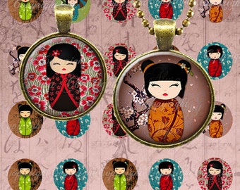 KOKESHI images cabochons pendentif - bijoux fait main - bijoux fantasy - bijoux marriage - collier - collier fantasy - camée - FLEURS du Thé