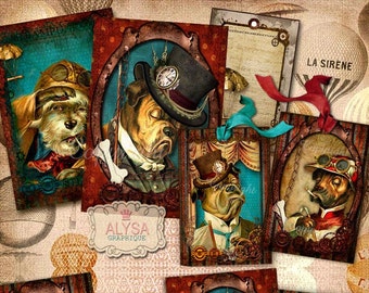 PERROS de STEAMPUNK, conjunto de hojas digitales de Collage con imágenes de imprimible para scrapbook de decoupage de registro de tarjetas de felicitación y etiquetas de regalo imprimibles