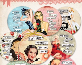 SARCASTIC LADIES round images, Digital Collage Sheets quote, Printable sassy quotes stickers, magnets... Digital collage sheet pin up girls