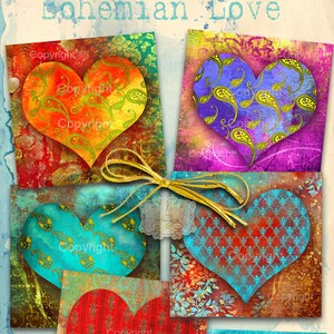 Fogli di collage stampabili di San Valentino, Boho LOVE, immagini digitali stampabili per sottobicchieri, biglietti d'auguri, album di ritagli, etichette regalo, diari