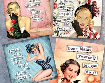 SARCASTIC LADIES Downloadable cards - Collage sheets quote - Printable cards set - Funny sayings - Digital collage sheet pin up girls