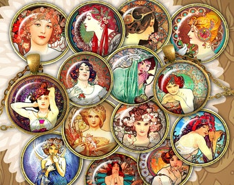 Mucha - X8 images cabochons ovales + X6 Etiquettes -  images digitales - bijoux, pendentif, médaillon, boucles d'oreilles, portes clefs