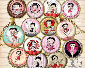 BETY BOOP, Vintage Pin Up Digital Collage Sheets | Earrings Cabochons of 10x10mm, 16X16mm & Ovals Pendants of 25x18mm