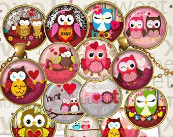 Owl cabochon, 1 inch (25mm) ,30, 20, 18mm images - Saint Valentine - Digital Collage Sheet - 21 Bottle cap images  Hearts  Instant Download