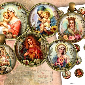 VIERGE MARIE, bijoux religieux, images de bouchon de bouteille, images numériques + étiquettes cadeaux, feuille de collage numérique, téléchargement instantané, pendentifs, cabochons