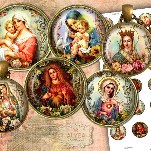 VERGINE MARIA, gioielli religiosi, immagini di tappi di bottiglia, immagini digitali + etichette regalo, foglio di collage digitale, download istantaneo, ciondoli, cabochon