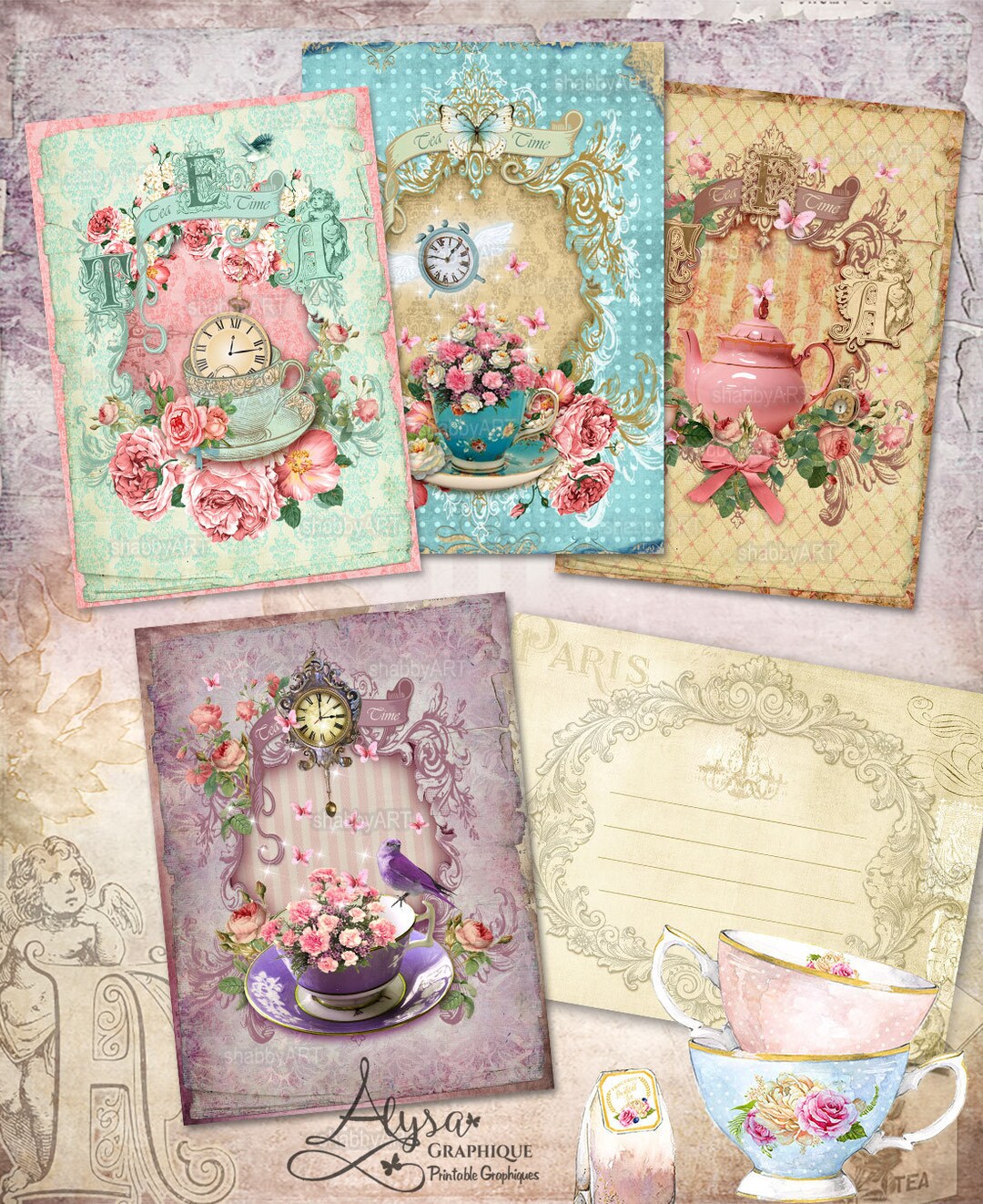 Digital Collage Sheet Printable Download Vintage Invitations TEA TIME ...
