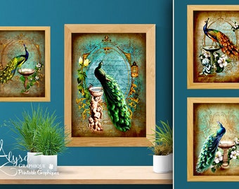 PEACOCKS Impresiones de arte - Impresión de arte de pavo real, Descarga digital, Arte de pared imprimible - Conjuntos de impresión de pared de decoración de pavo real de 16x20, 17x23, 18x24 y A3