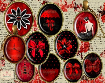 Royal Red Oval - Digital Collage Sheet  30x40mm, 25x18mm oval images + FREE Tags & Holders Instant download - cabochons, pendants, bezel