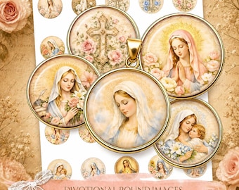 Immagini devozionali della Vergine Maria e di Gesù in cabochon / Immagini rotonde stampabili 30 mm 20 mm 18 mm 1 pollice / immagini rotonde digitali per collage