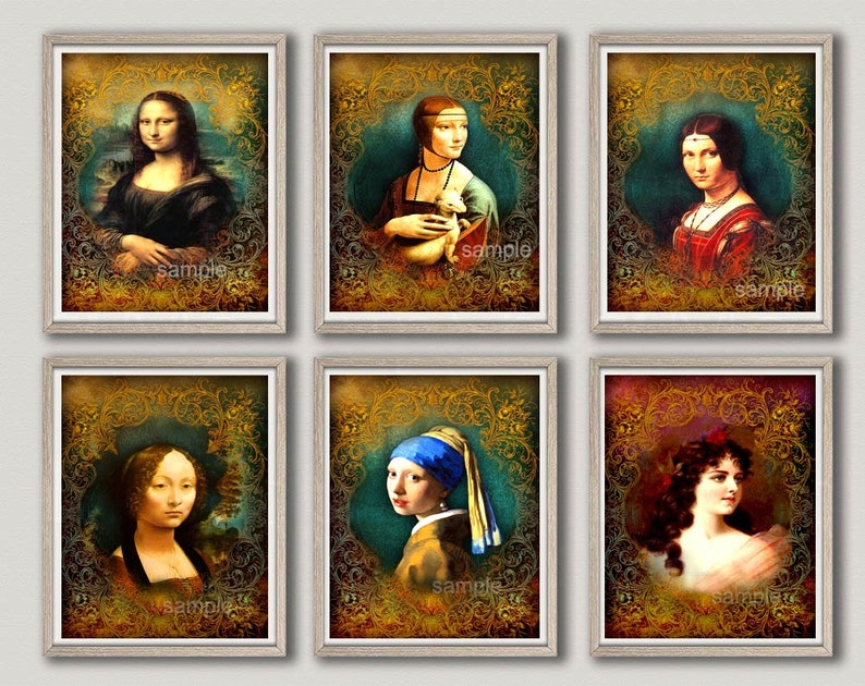 Puede incluir: Conjunto de seis impresiones enmarcadas que presentan retratos renacentistas famosos con marcos dorados ornamentados y un fondo texturizado. Los retratos incluyen a Mona Lisa, Dama con armi&ntilde;o, Ginevra Benci, La joven de la perla y otras dos mujeres no identificadas.