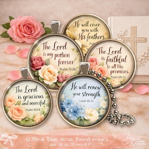 May include: Five round metal pendants featuring floral designs and Bible verses. The text includes: He will cover you with His feathers, The Lord is my portion forever, The Lord is faithful to all His promises, The Lord is gracious and merciful, and He will renew your strength. Includes a ball chain.