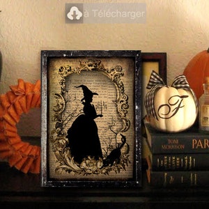 May include: A framed print of a black silhouette of a witch holding a candlestick in front of a vintage book page with ornate floral designs. The print is in a black frame and is sitting on a shelf with other decorative items.