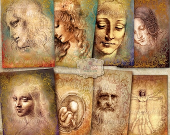 May include: A collection of vintage-style digital paper featuring sketches of famous Renaissance art, including the Mona Lisa, Vitruvian Man, and the Virgin Mary. The papers have a distressed, aged look with gold accents.