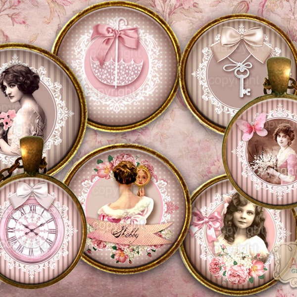 Shabby Chic Romantique - images cabochons - vintage - images digitales - bijoux, pendentif, médaillon, boucles d'oreilles, portes clefs