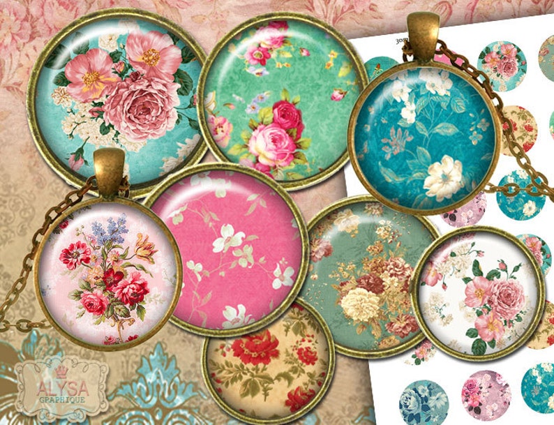 25 SHABBY CHIC Digital Collage Sheet circle images 30 18mm digital downloads wedding jewelry 20 scrapbooking bottle caps pendants